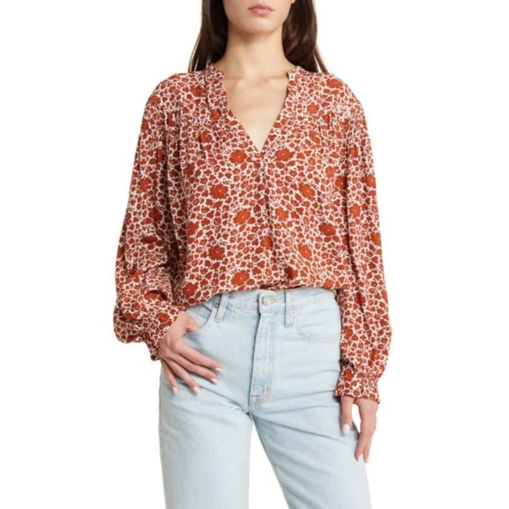 💕TREASURE & BOND💕 Smocked Shoulder Popover Blouse Ivory Rust Lora Vines M NWOT